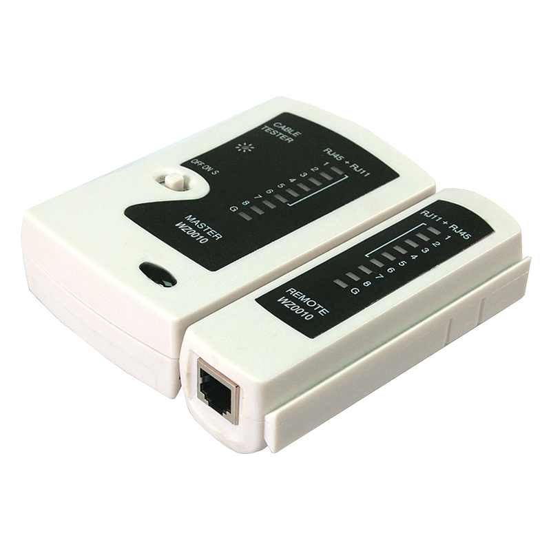 Tester for RJ11, RJ12 and RJ45 patch cords, with remote unit