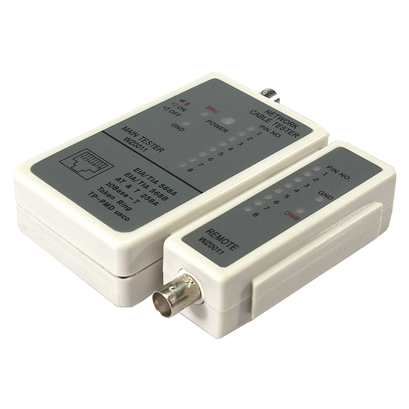 Tester for RJ11, RJ12, RJ45 and BNC patch cords, with remote unit