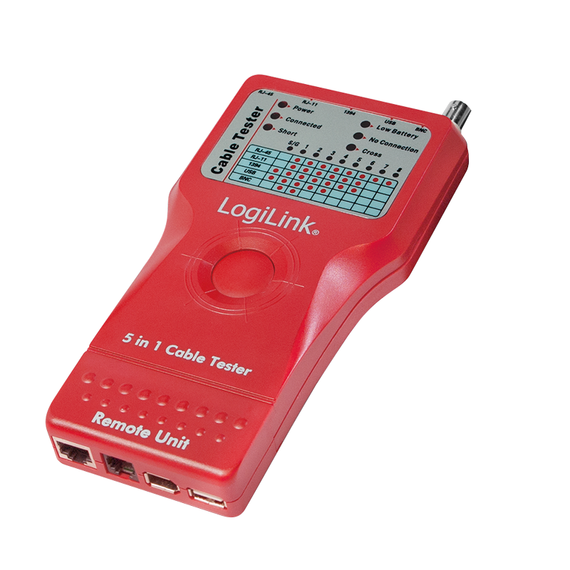 Cable tester 5-in-1, RJ45, RJ11, USB, BNC, FireWire, with remote unit