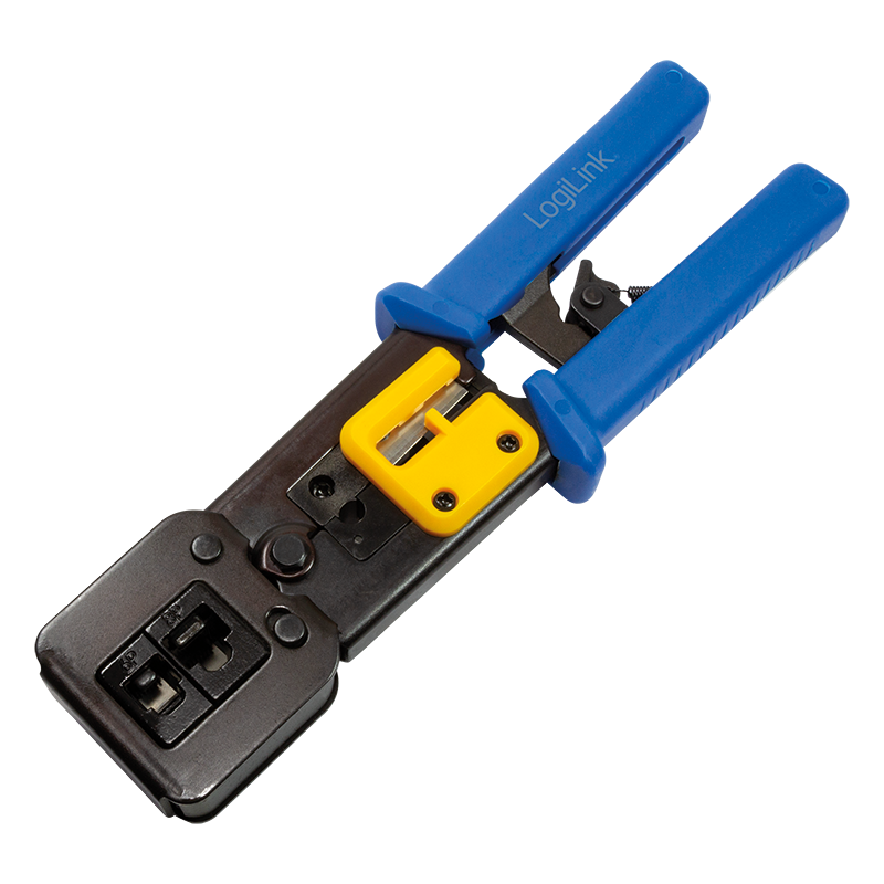 Crimping tool for RJ11/12/45/PASS + Pass Through connectors, with cutter