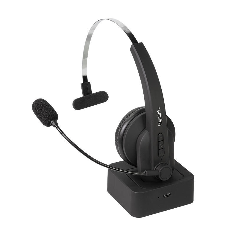 Wireless mono headset with microphone and charging stand