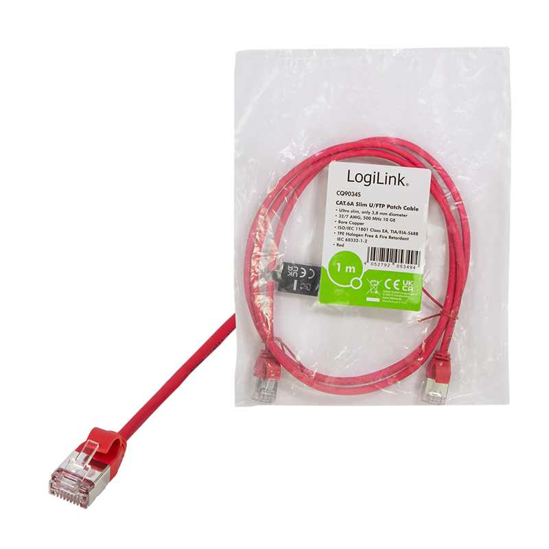 Red SlimLine Cat.6A U/FTP patch cable, 0.2 m — 8