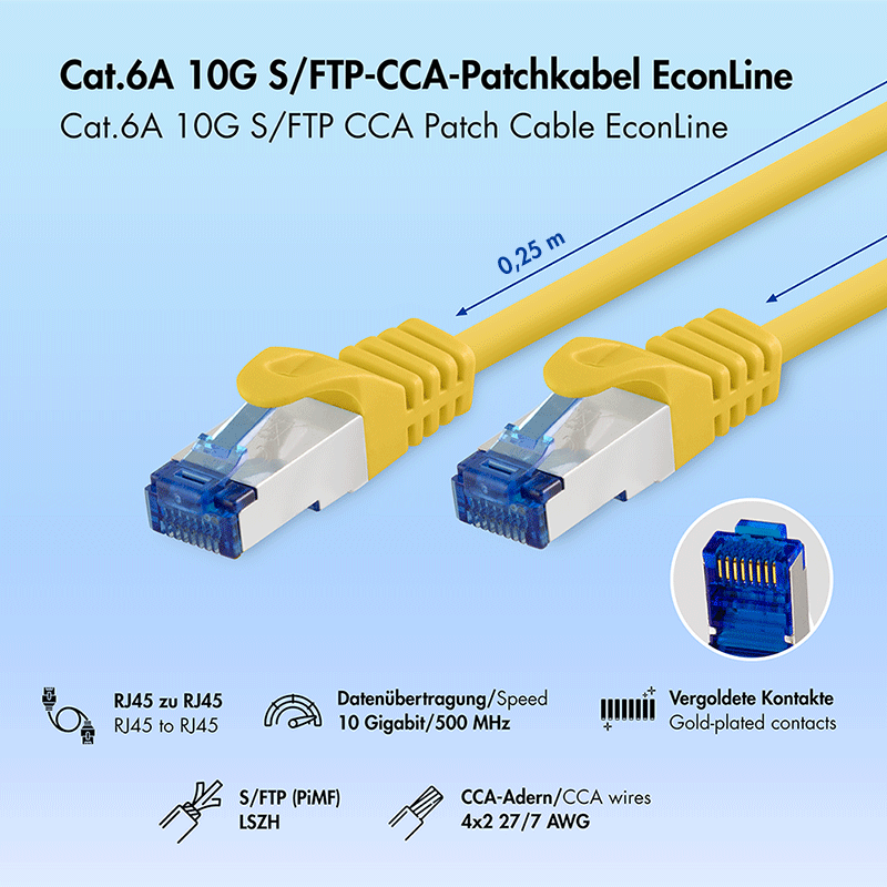 Kabel krosowy Cat.6A S/FTP LSZH, żółty, 0,25 m — 2