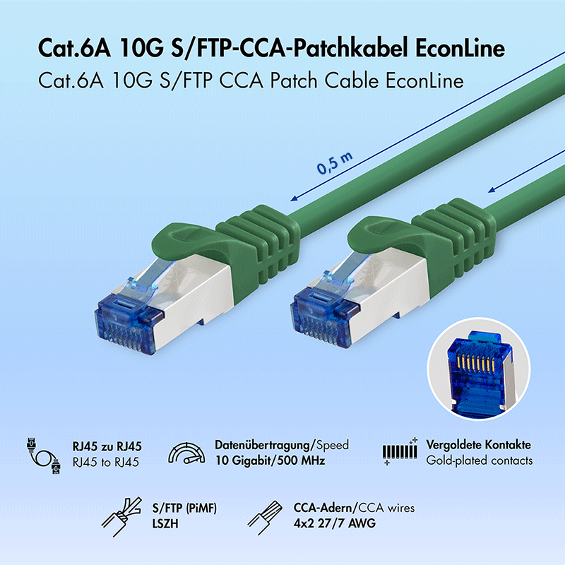 Kabel krosowy Cat.6A S/FTP LSZH, zielony, 0,50 m — 2