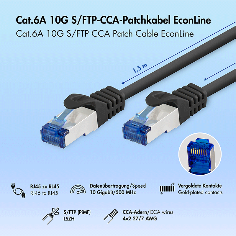 Kabel krosowy Cat.6A S/FTP LSZH, czarny, 1,50 m — 2
