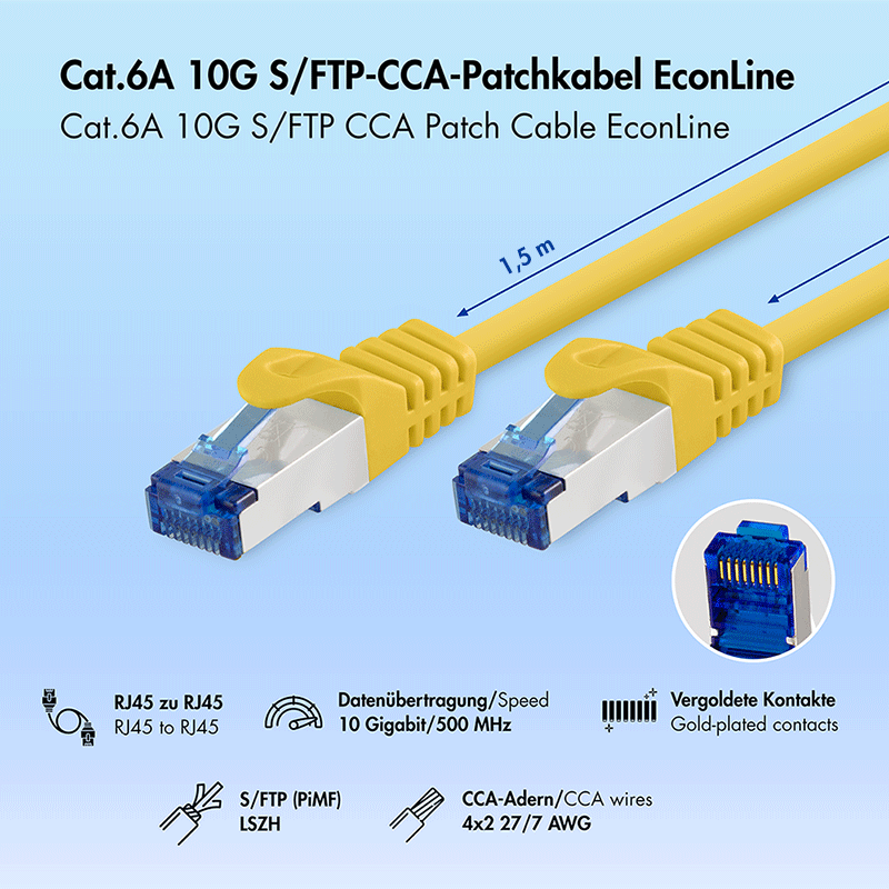Kabel krosowy Cat.6A S/FTP LSZH, żółty, 1,50 m — 2
