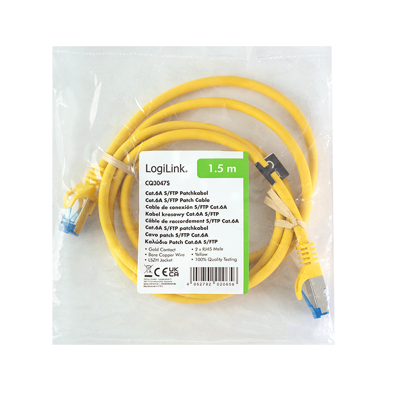Kabel krosowy Cat.6A S/FTP LSZH, żółty, 1,50 m — 5