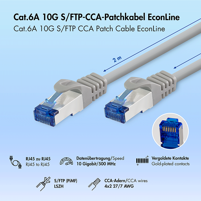 Kabel krosowy Cat.6A S/FTP CCA LSZH, szary, 2,00 m — 2