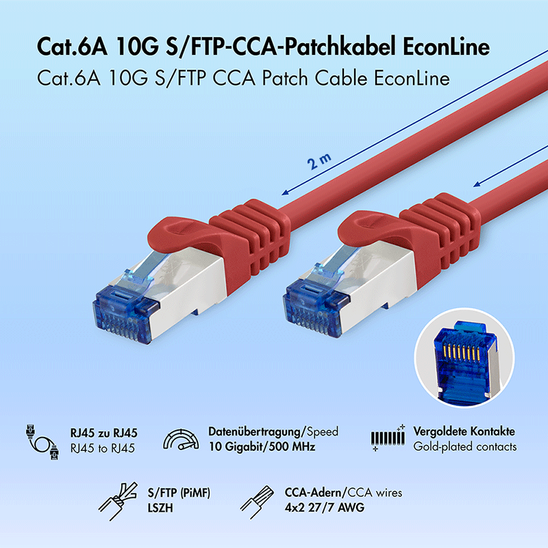 Kabel krosowy Cat.6A S/FTP LSZH, czerwony, 2,00 m — 2