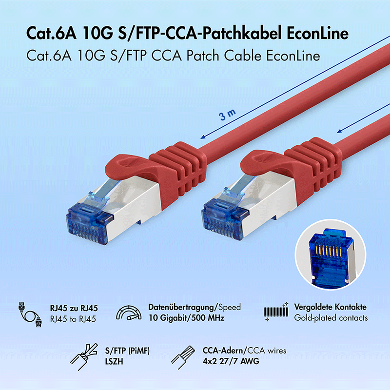 Kabel krosowy Cat.6A S/FTP LSZH CCA, czerwony, 3,00 m — 2