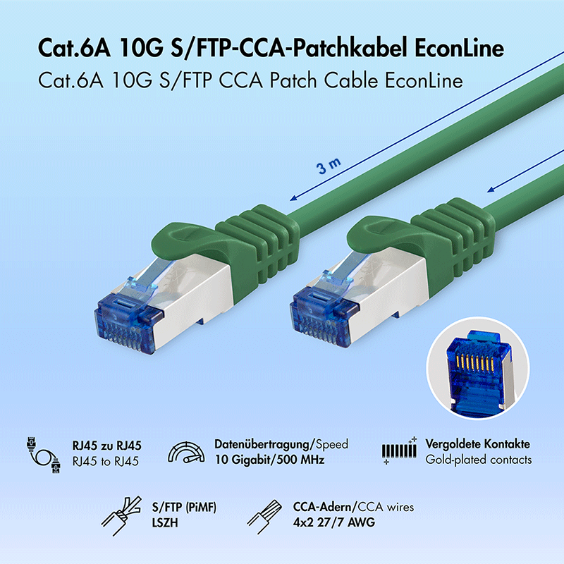 Kabel krosowy Cat.6A S/FTP LSZH CCA, zielony, 3,00 m — 2