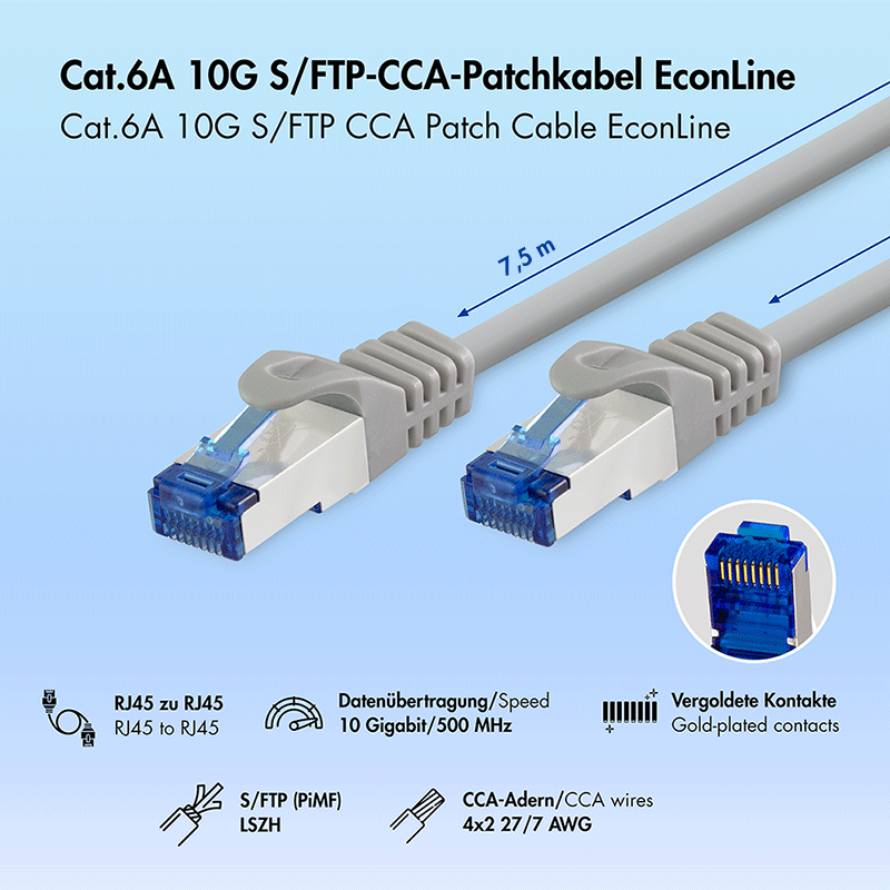 Kabel krosowy Cat.6A S/FTP CCA LSZH, szary, 7,50 m — 2