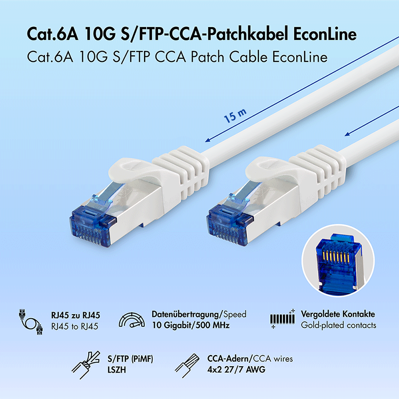 Kabel krosowy Cat.6A S/FTP LSZH, biały, 15 m — 2