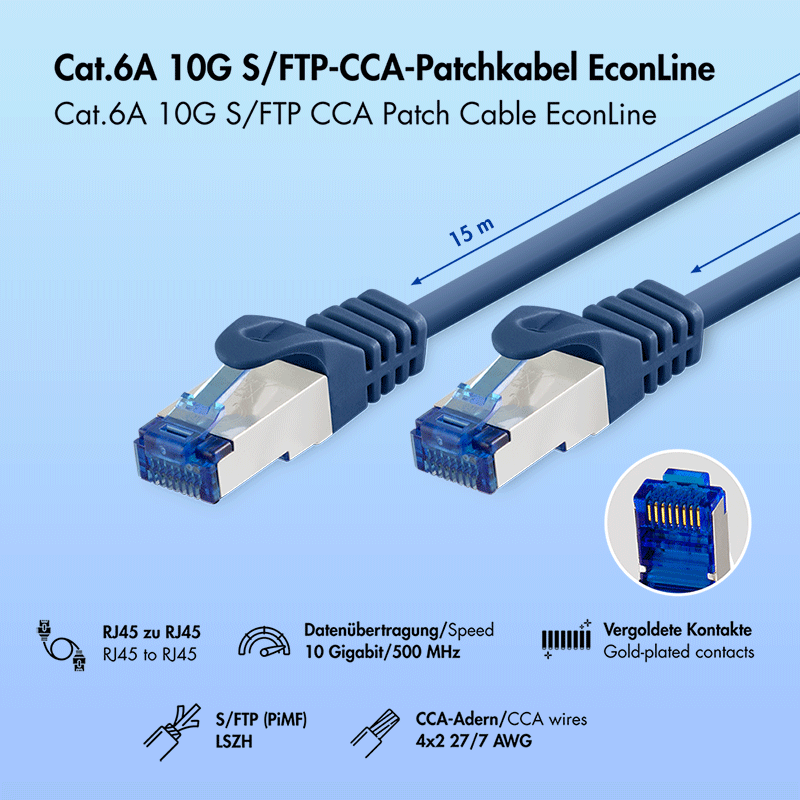 Kabel krosowy Cat.6A S/FTP LSZH, niebieski, 15 m — 2