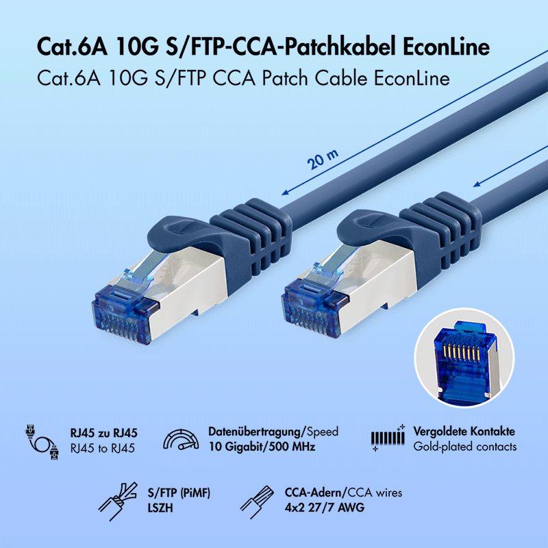 Kabel krosowy Cat.6A S/FTP LSZH, niebieski, 20 m — 2