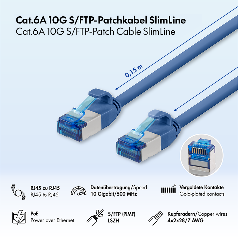 Cat.6A S/FTP SlimLine LSZH patch cable, blue, 0.15 m — 2