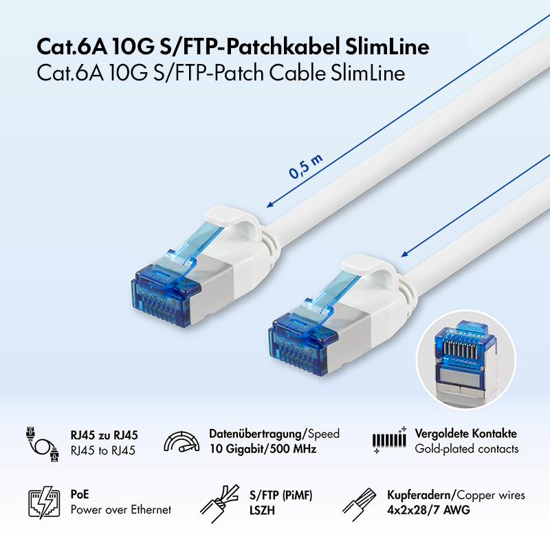 White Cat.6A S/FTP SLIM LSZH patch cable, 0.50 m — 2