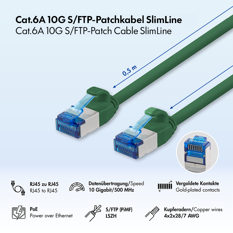 Cat.6A S/FTP SlimLine LSZH patch cable, green, 0.50 m — 2