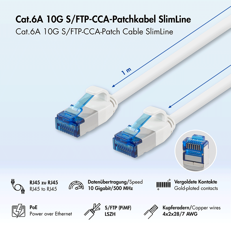 Cat.6A Slim S/FTP LSZH patch cable, white, 1.00 m — 2