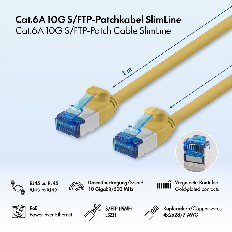Yellow Cat.6A SlimLine S/FTP LSZH patch cable, 1.00 m — 2