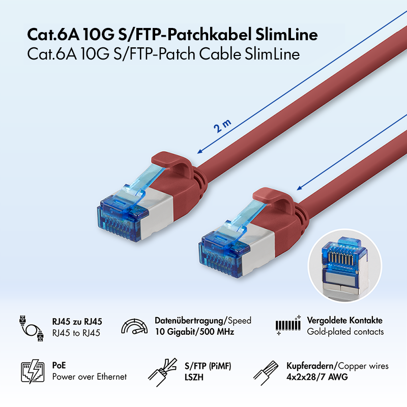 Red Cat.6A S/FTP SLIM LSZH patch cable, 2.00 m — 2