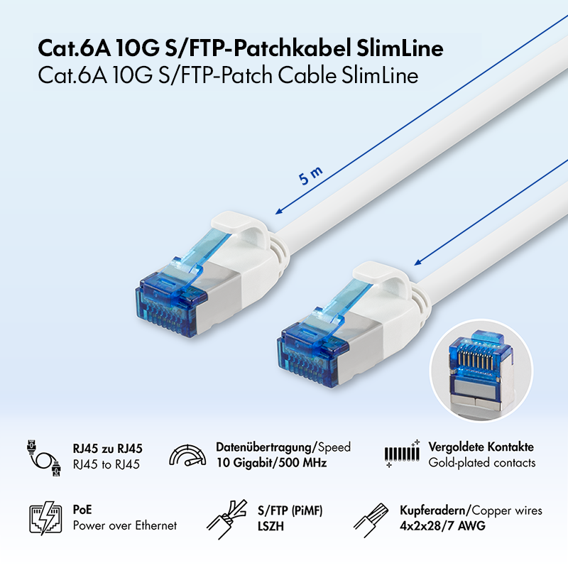 White Cat.6A S/FTP SLIM LSZH patch cable, 5.00 m — 2