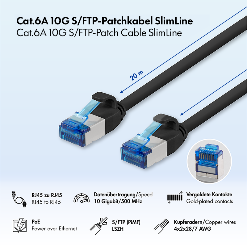 Cat.6A SLIM S/FTP LSZH patch cable, black, 20 m — 2