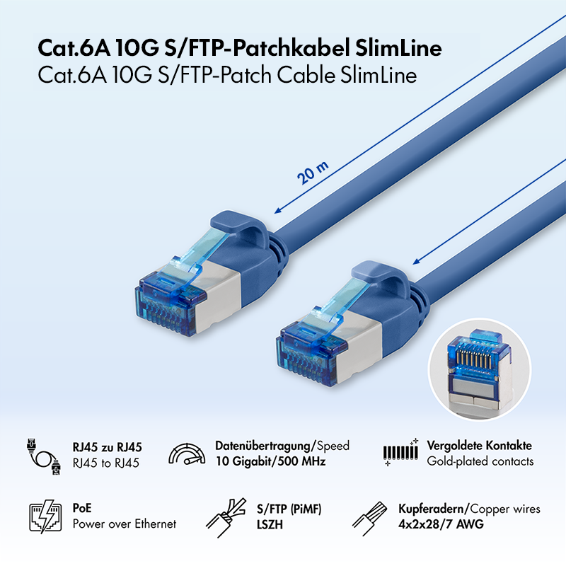 Cat.6A SLIM S/FTP LSZH patch cable, blue, 20 m, SlimLine — 2