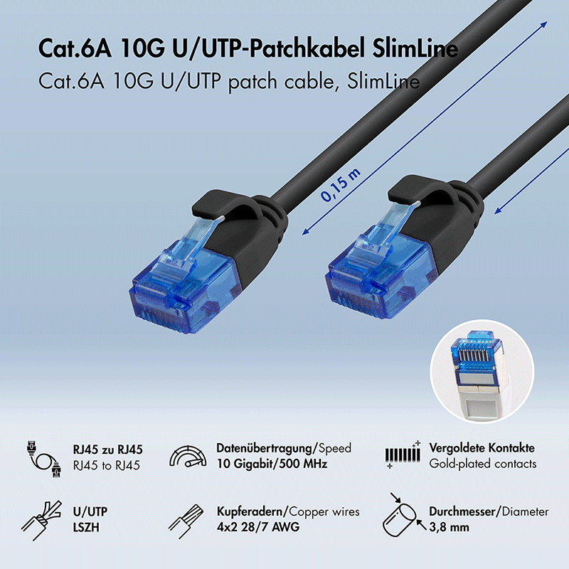 Kabel krosowy Cat.6A U/UTP LSZH, czarny, 0,15 m — 2