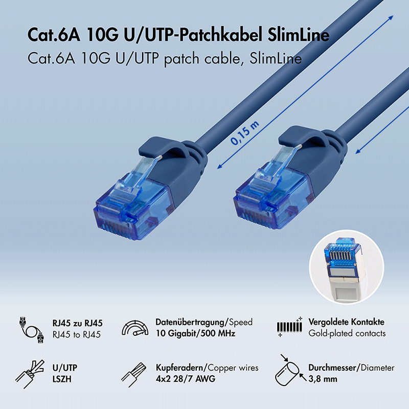 Niebieski kabel krosowy Cat.6A U/UTP SlimLine, 0,15 m — 2