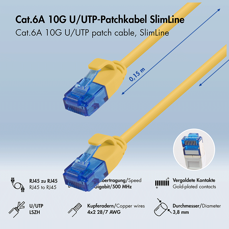 Smukły kabel krosowy Cat.6A U/UTP LSZH, żółty, 0,15 m — 2
