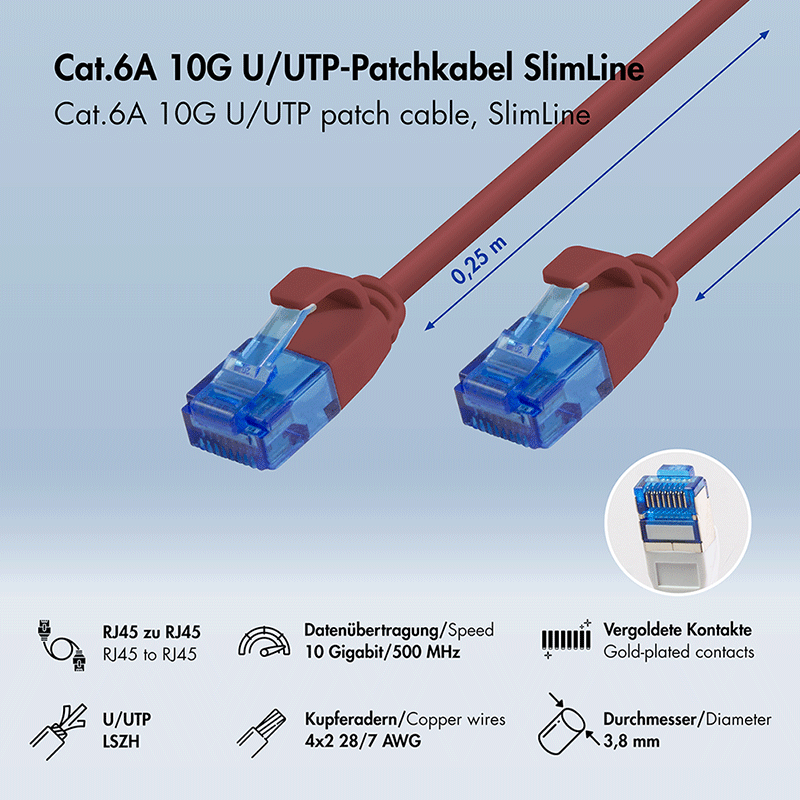 Kabel krosowy Cat.6A SLIM U/UTP LSZH, czerwony, 0,25 m — 2
