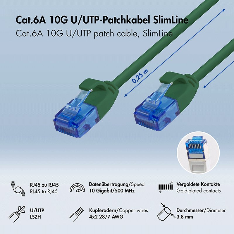 Kabel krosowy Cat.6A Slim U/UTP LSZH, zielony, 0,25 m — 2