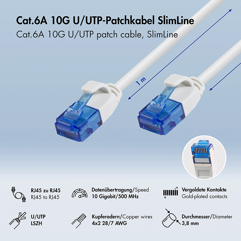 Biały kabel krosowy Cat.6A SLIM U/UTP LSZH, 1,00 m — 2