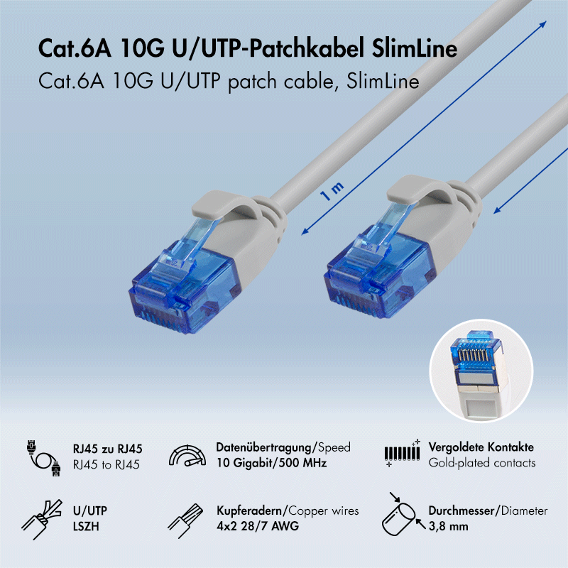 Kabel krosowy Cat.6A Slim U/UTP LSZH, szary, 1,00 m — 2