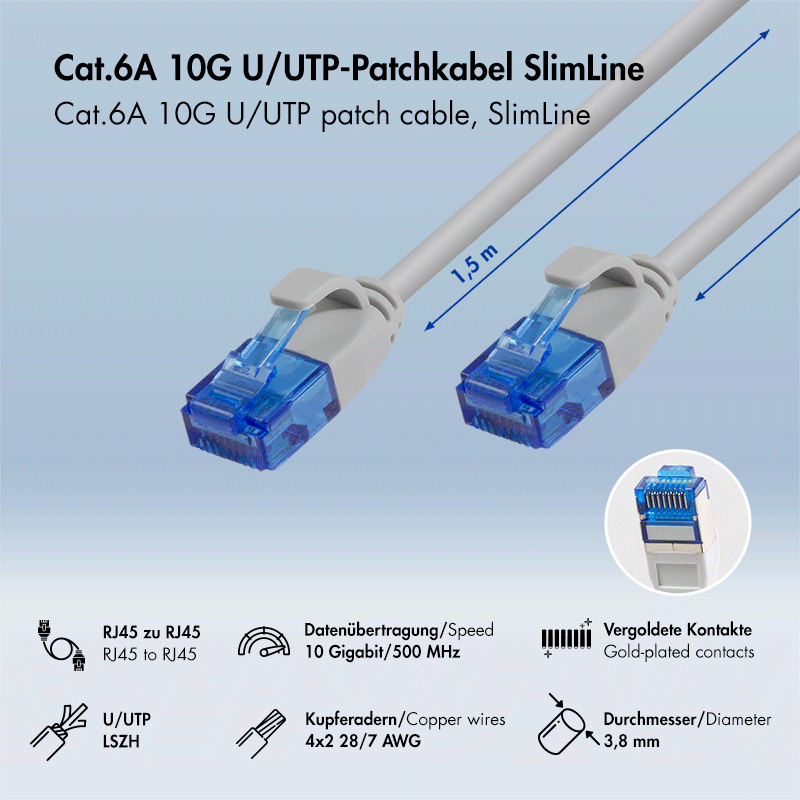 Cat.6A Slim U/UTP LSZH patch cable, grey, 1.50 m — 2
