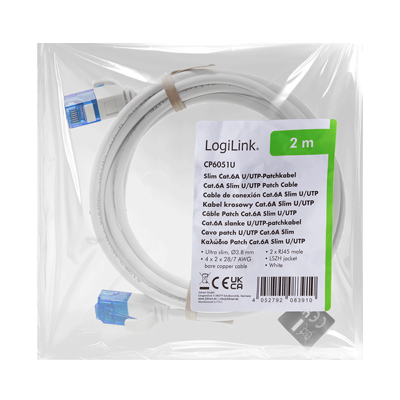 Biały kabel krosowy Cat.6A U/UTP SlimLine, 2,00 m — 6