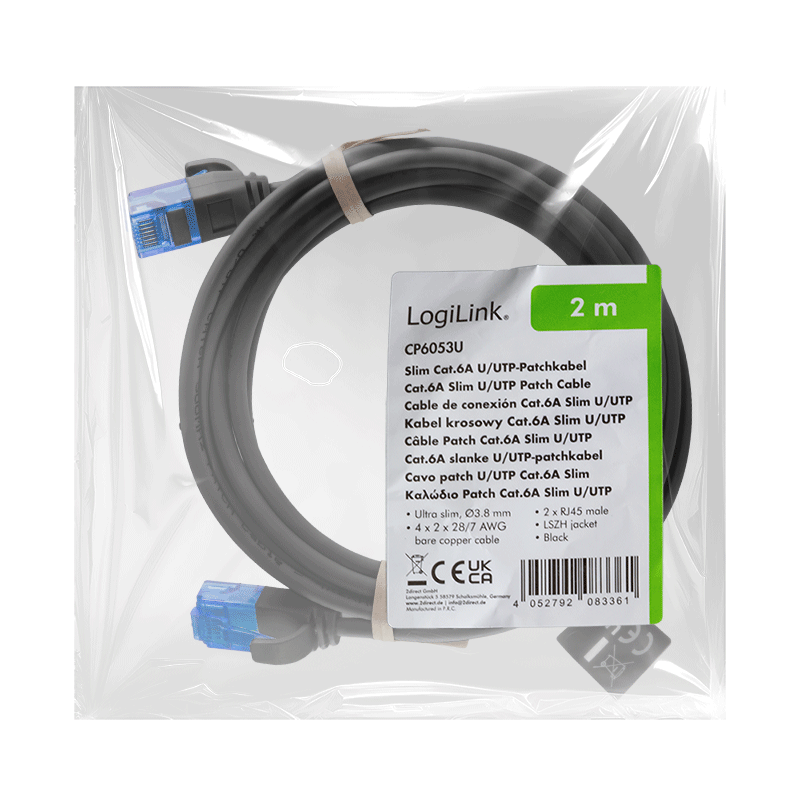 Kabel krosowy Cat.6A U/UTP LSZH, czarny, 2,00 m, SlimLine — 6