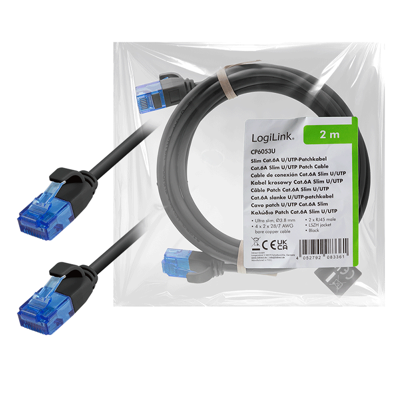 Kabel krosowy Cat.6A U/UTP LSZH, czarny, 2,00 m, SlimLine — 7