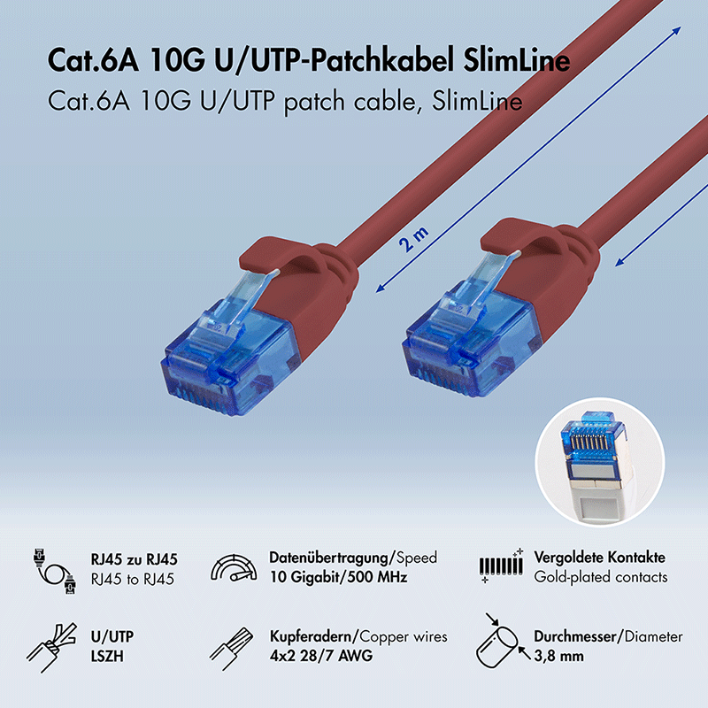 Kabel krosowy Cat.6A SLIM U/UTP LSZH, czerwony, 2,00 m — 2