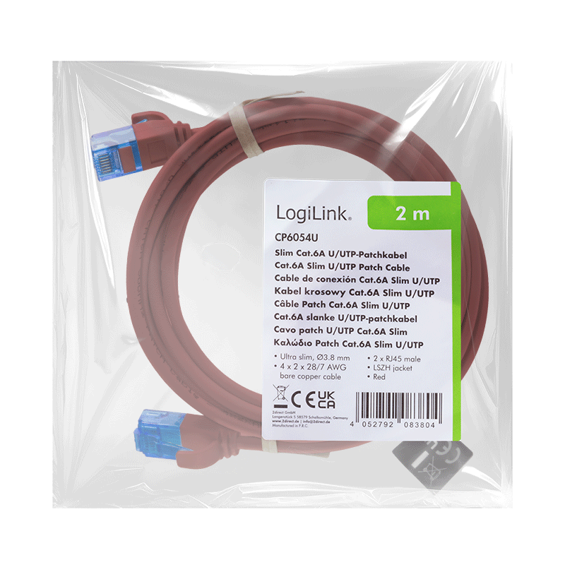 Kabel krosowy Cat.6A SLIM U/UTP LSZH, czerwony, 2,00 m — 6