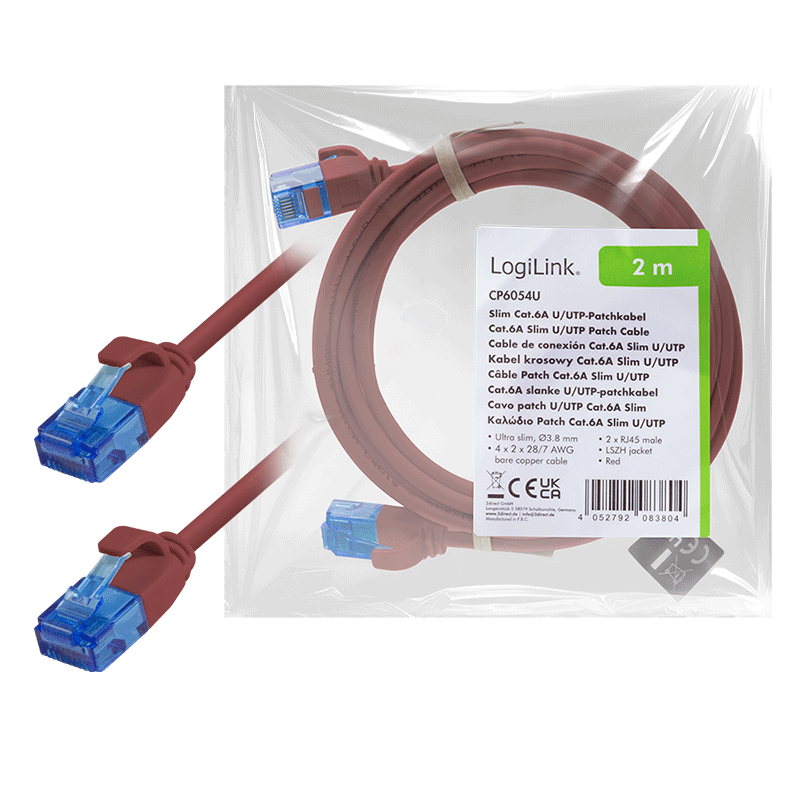 Kabel krosowy Cat.6A SLIM U/UTP LSZH, czerwony, 2,00 m — 7