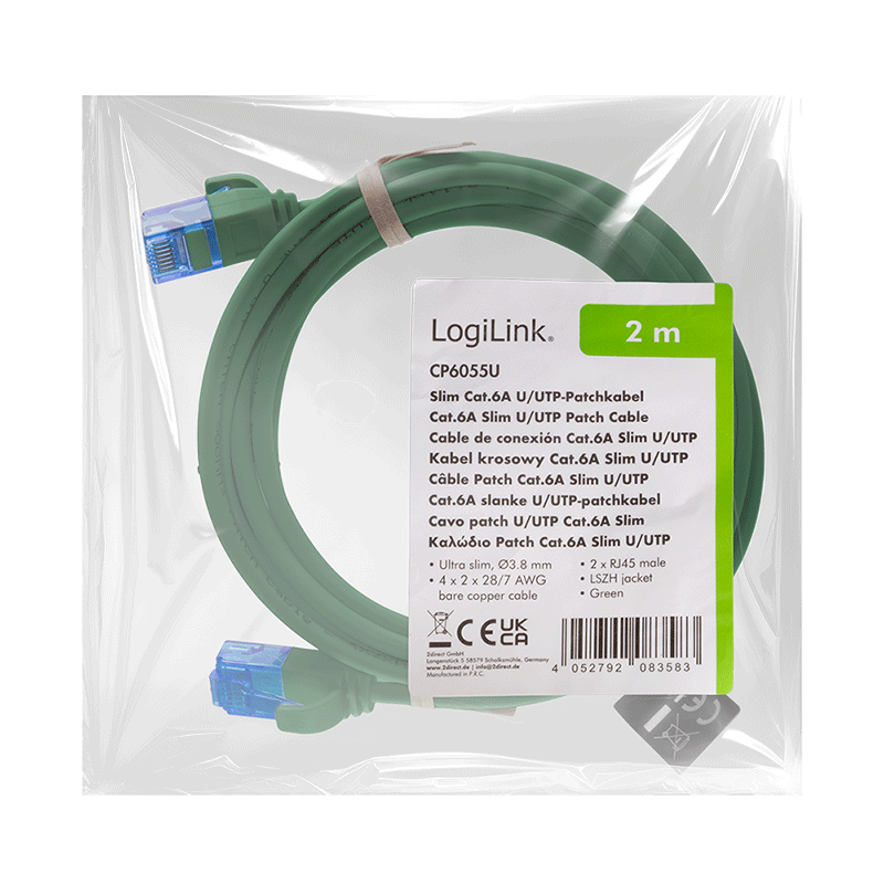 Kabel krosowy Cat.6A Slim U/UTP LSZH, zielony, 2,00 m — 6