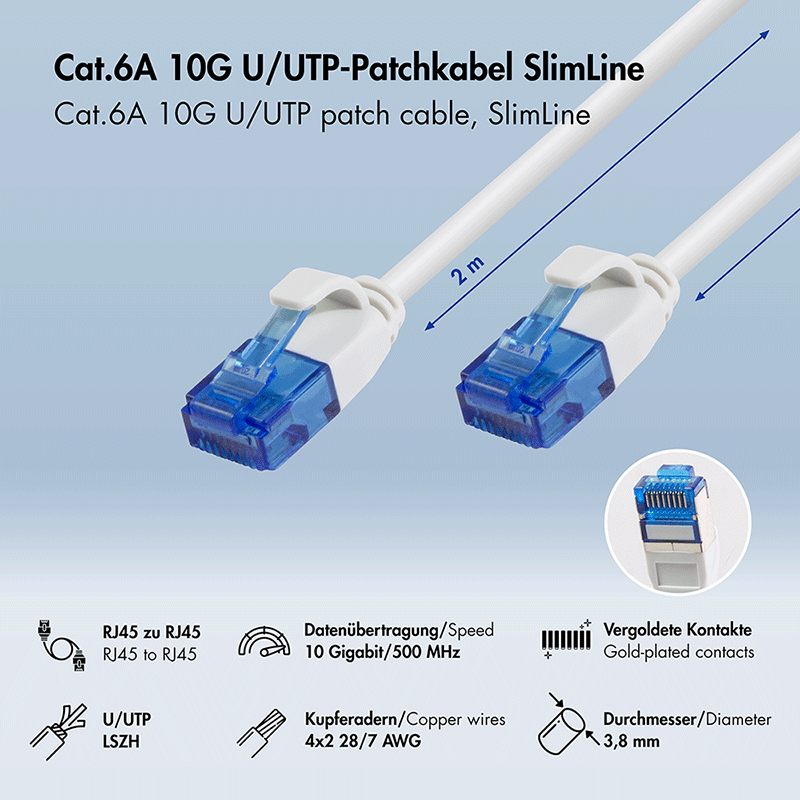 Kabel krosowy Cat.6A Slim U/UTP LSZH, biały, 3,00 m — 2