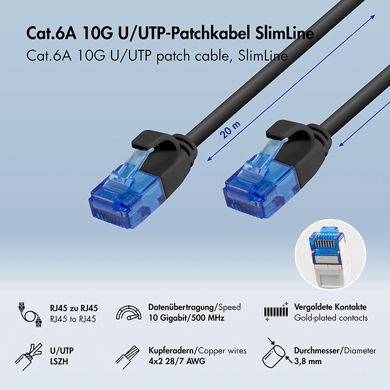 Cat.6A U/UTP SlimLine LSZH patch cable, black, 20 m — 2