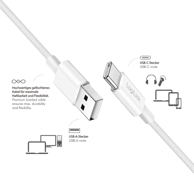 Kabel USB 2.0 USB-A do USB-C, 60 W, biały, 0,15 m — 2