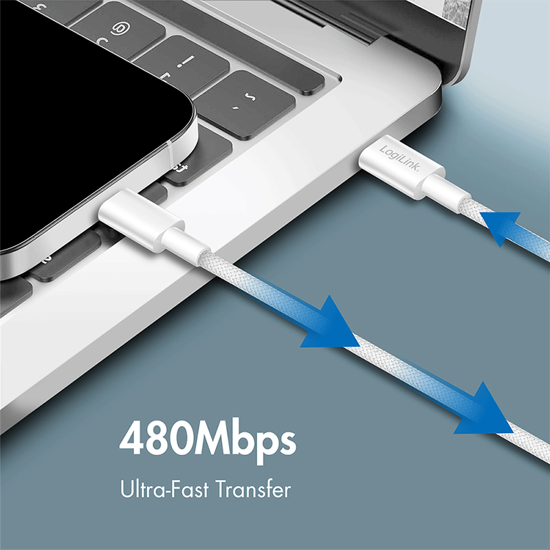 USB 2.0 USB-C to USB-C cable, 60 W, nylon-wrapped, white, 0.15 m — 6