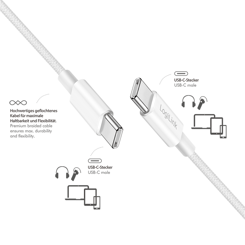 USB 2.0 USB-C to USB-C cable, 60 W, nylon-wrapped, white, 0.15 m — 2