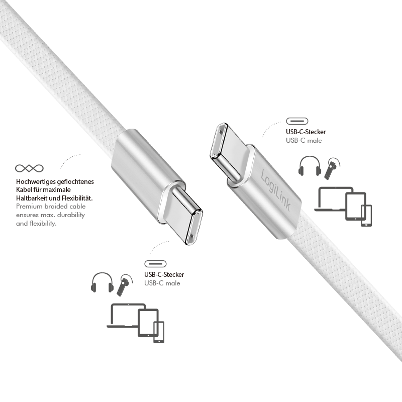 Płaski kabel USB-C–USB-C, USB 2.0, 60 W, biały, 1 m — 3