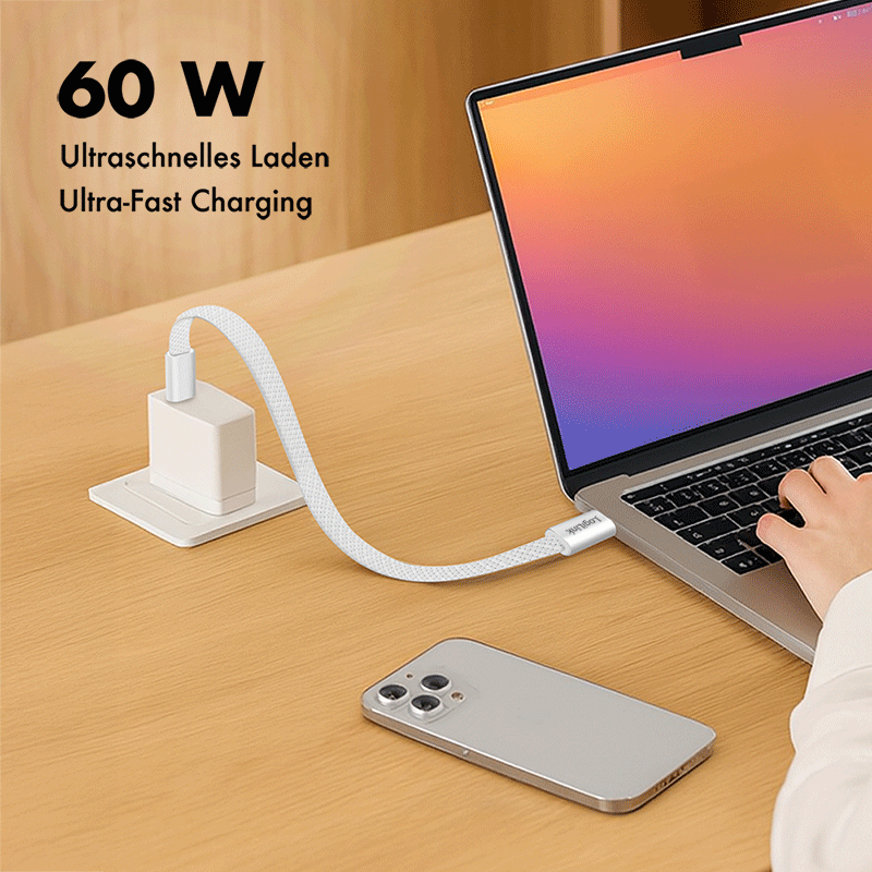 Płaski kabel USB-C–USB-C, USB 2.0, 60 W, biały, 1 m — 4